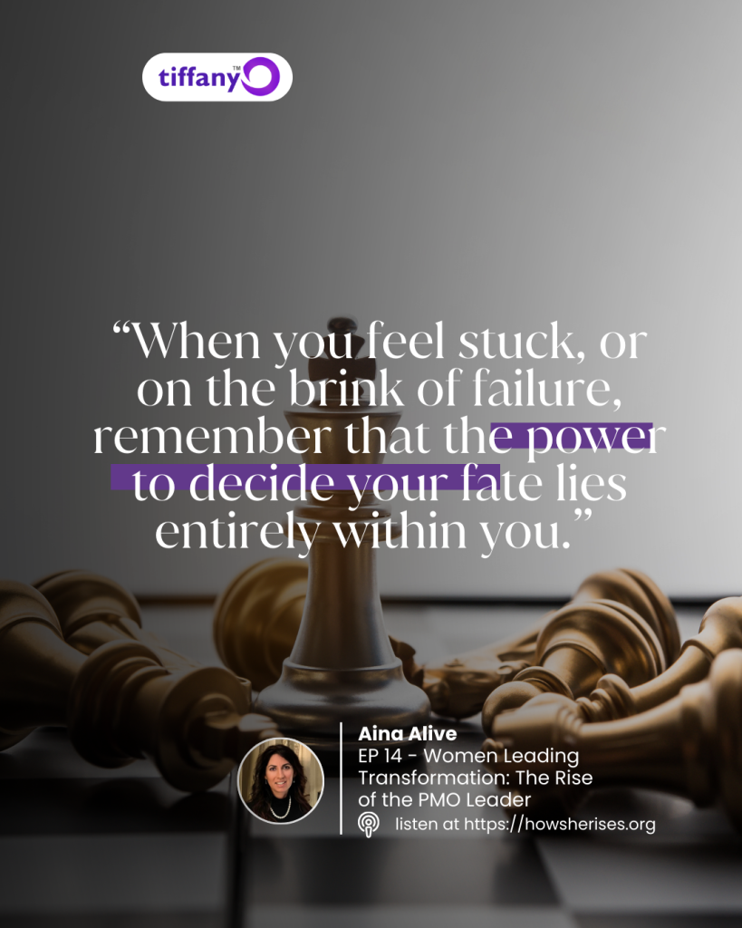 Aina Alive quote graphic for How She Rises Podcast Episode 14 hosted by Tiffany Odutoye, featuring chess pieces and the quote “When you feel stuck, or on the brink of failure, remember that the power to decide your fate lies entirely within you.”